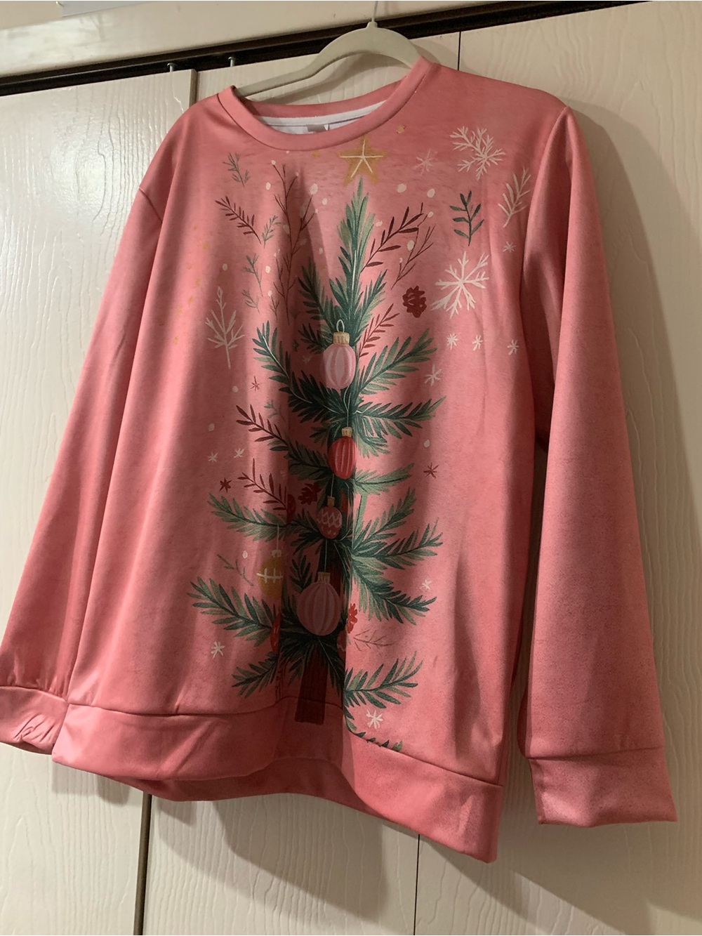 Women’s Pink Holiday Crewneck Sweater with Tree Motif